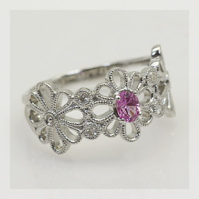 ピンクサファイアマーガレットレースリング PT900 K18 K10対応 ローズ