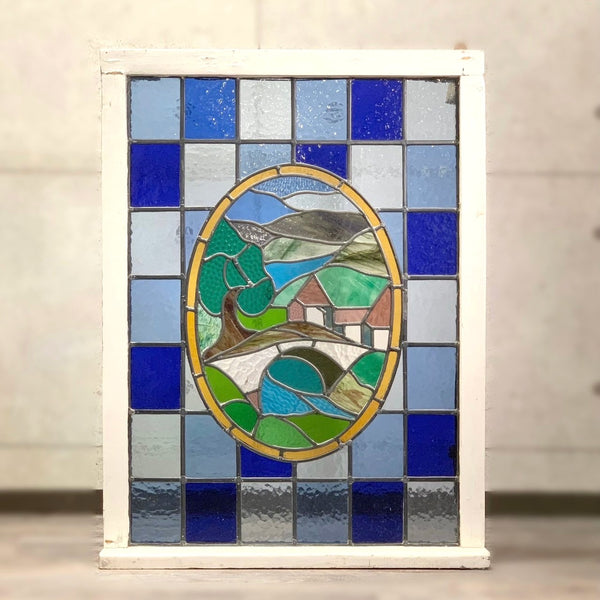 ステンドグラス 窓枠 アート 風景 ブルー インテリア 北欧