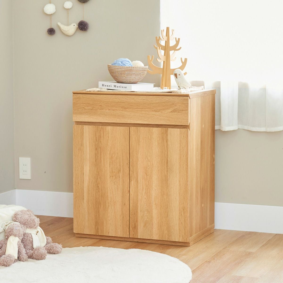 キャビネット 幅60cm 高72cm ナチュラルブラウン 扉付 引出付き