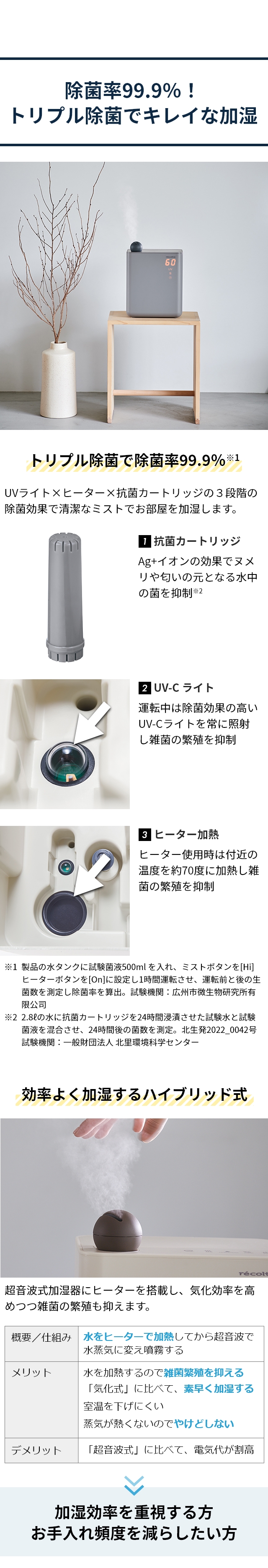 レコルト 加湿器 UVハイブリッド式加湿器 RHF-1 卓上加湿器 卓上 静か