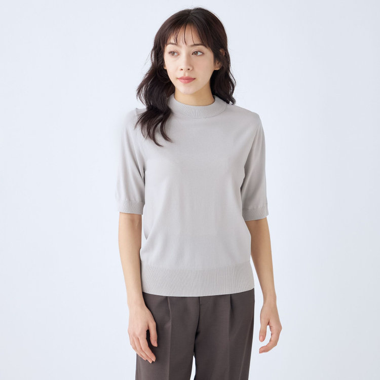 SILVER LINE/5分袖】 天竺編みモックネックニット/グレー（725302SS