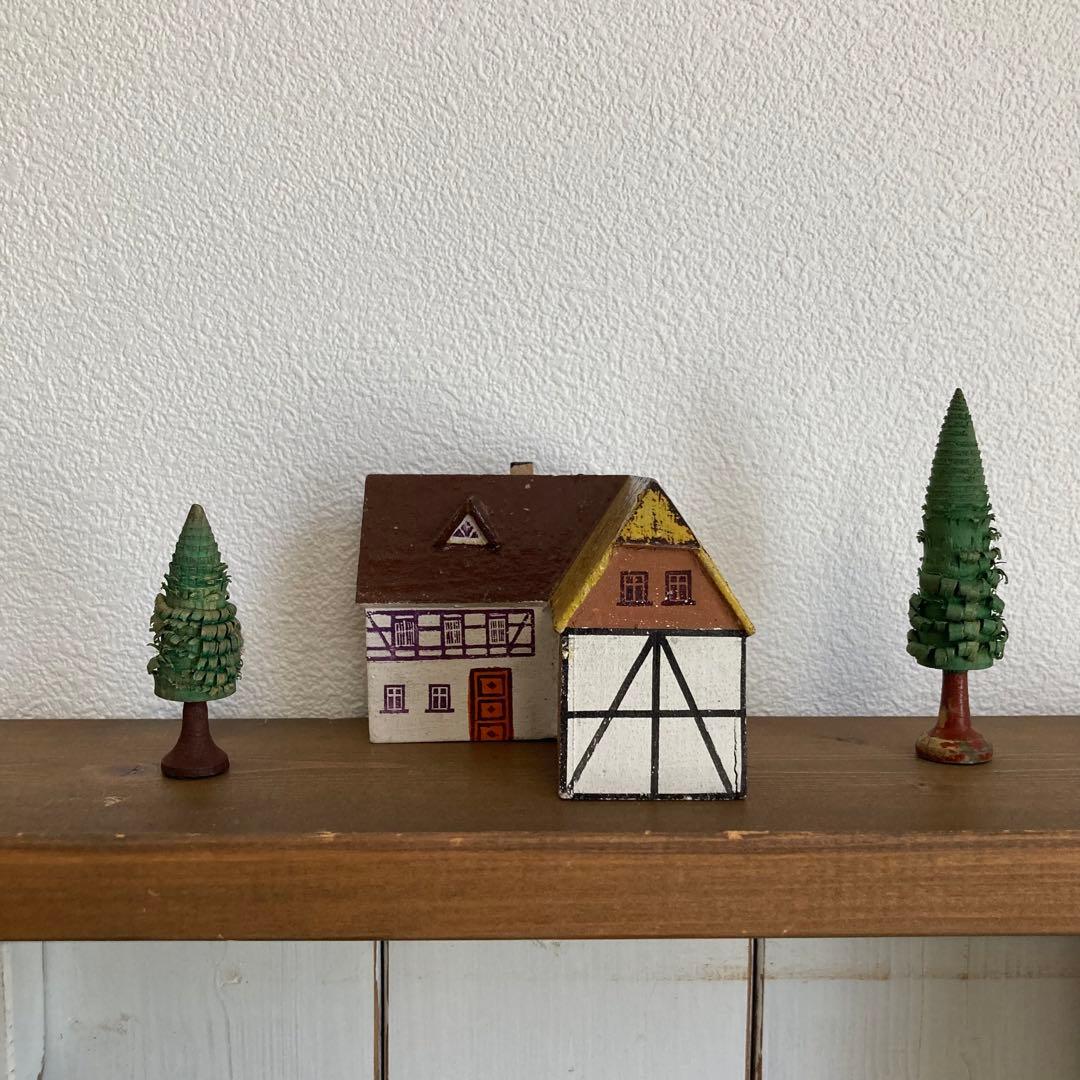 WF23ドイツアンティークザイフェン木製 ひつじ×2 羊飼い 柵 建物5点