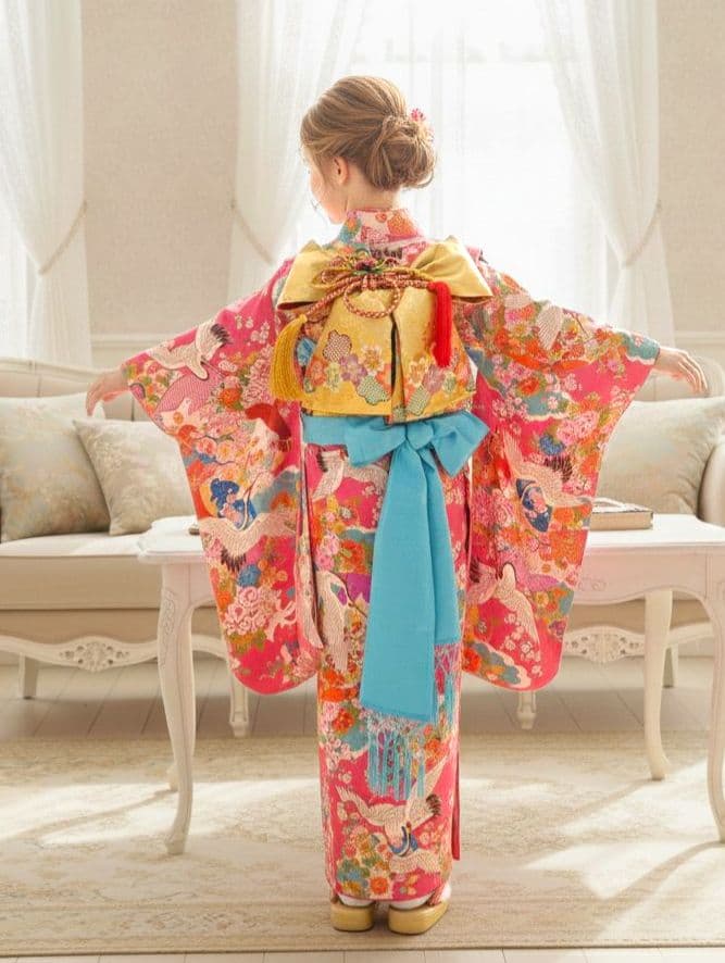 アンティークピンクに飛翔鶴の着物と作り帯☆七五三フルセット S0706 梅鶴 / ピンク | 七五三着物レンタル | tententen – tententen