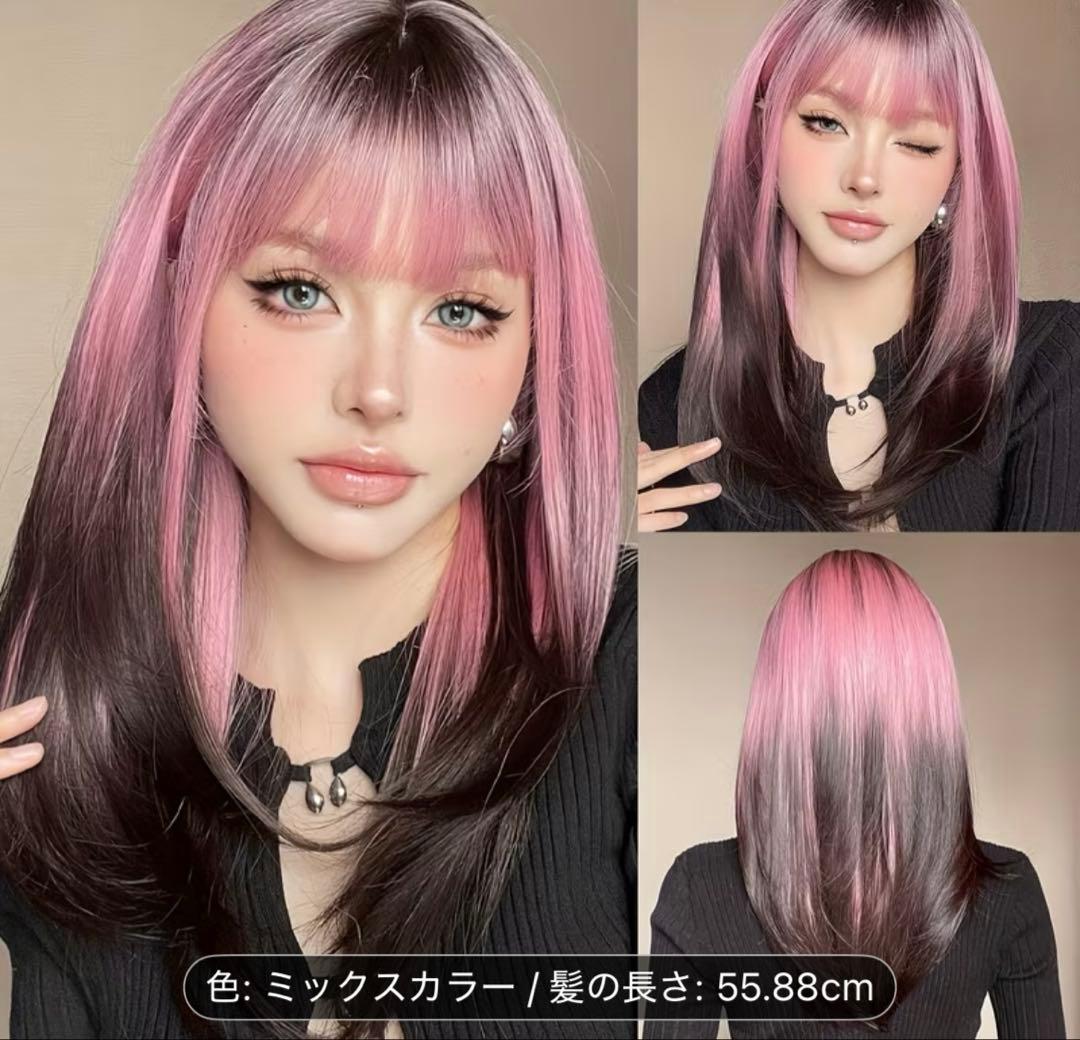 ミックスカラー ウィッグ 55.88cmピンク×ブラック - メルカリ