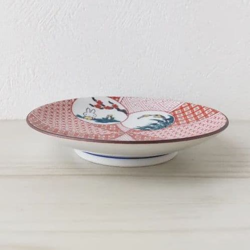 新品　ミッフィー ×九谷焼コラボ　10.3cm　豆皿　小皿　赤絵   青郊窯