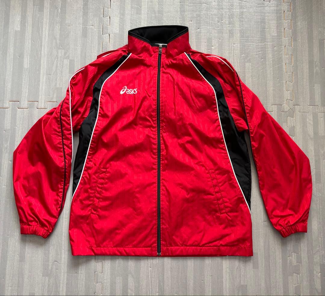 asics ナイロンウィンドブレーカー赤 フード付き（収納可能）160サイズ