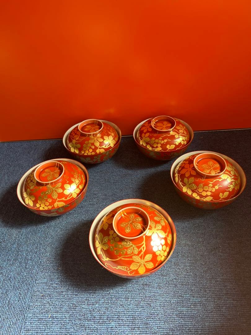 1473  清水焼　平安壹山　金襴手葡萄文　蓋向附　碗　5客　金彩 金襴青華山水汲出碗 五座五重 - 京焼清水焼 松韻堂