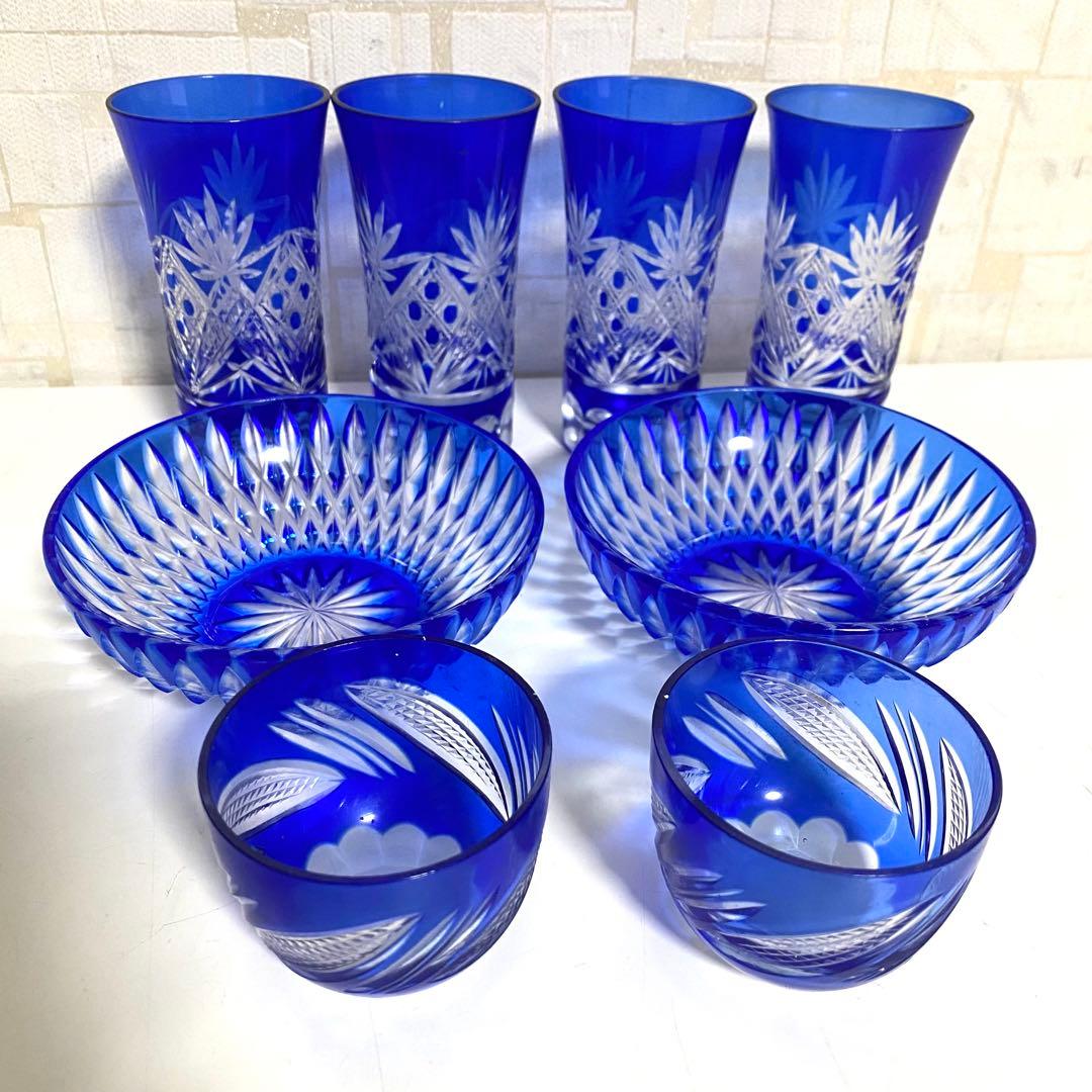 江戸切子 クリスタルダルク ガラス グラス 小鉢 ぐい呑み 酒器 8点