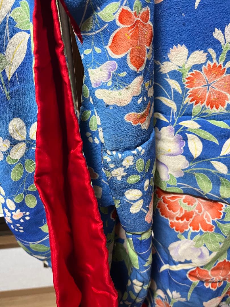 アンティーク 着物 子供着物 七五三 正絹 ちりめん縮緬 青 花柄