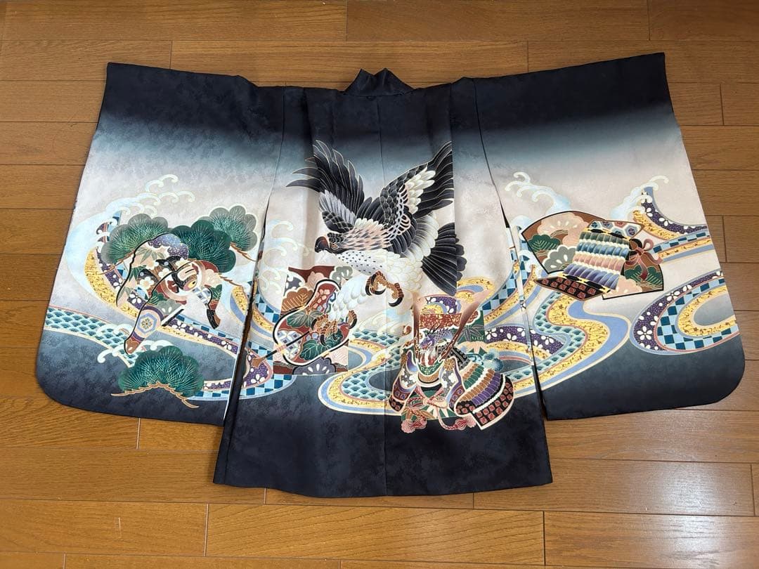 七五三 5歳 男の子 フルセット 子供着物 黒 袴 七五三 着物 男の子 5歳 羽織袴セット 「黒 鷹に老松」 フルセット 5歳