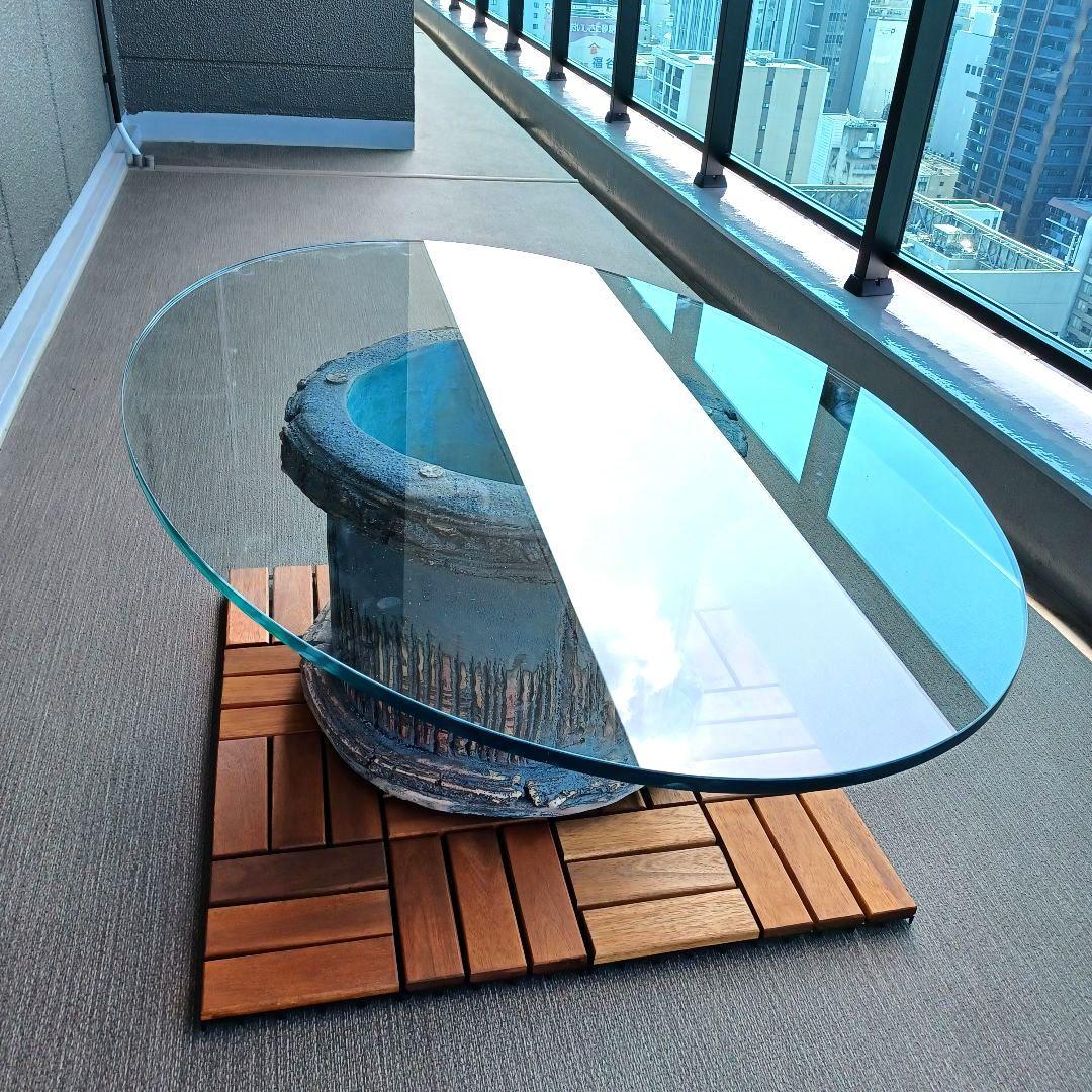 【特注品】《自宅引取限定》楕円形ガラステーブル天板・陶器製鉢土台