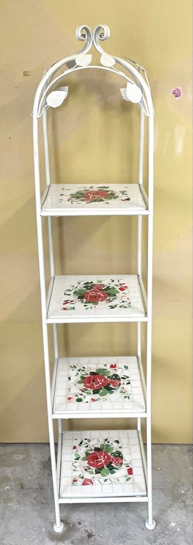 花柄タイル張り ガーデンラック ホワイト4段ラック 薔薇 美品 期間限定23日まで 花柄タイル張り ガーデンラック 4段ラック 薔薇 美品