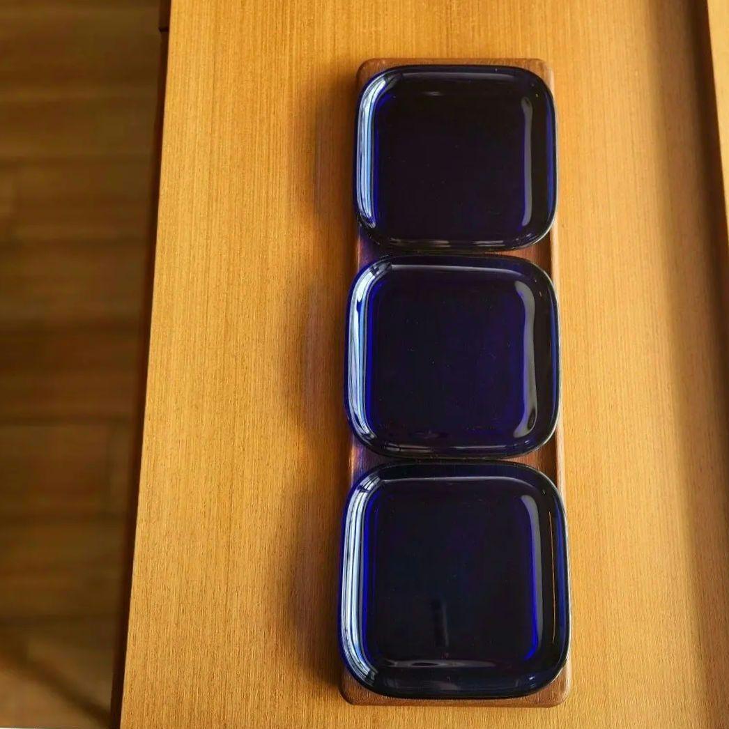 カイ・フランク　チークトレイ　スクエア　ブルー　プレート　三枚セット TEAK WOOD】デザインランチプレート レクタングル M 25cm 四角