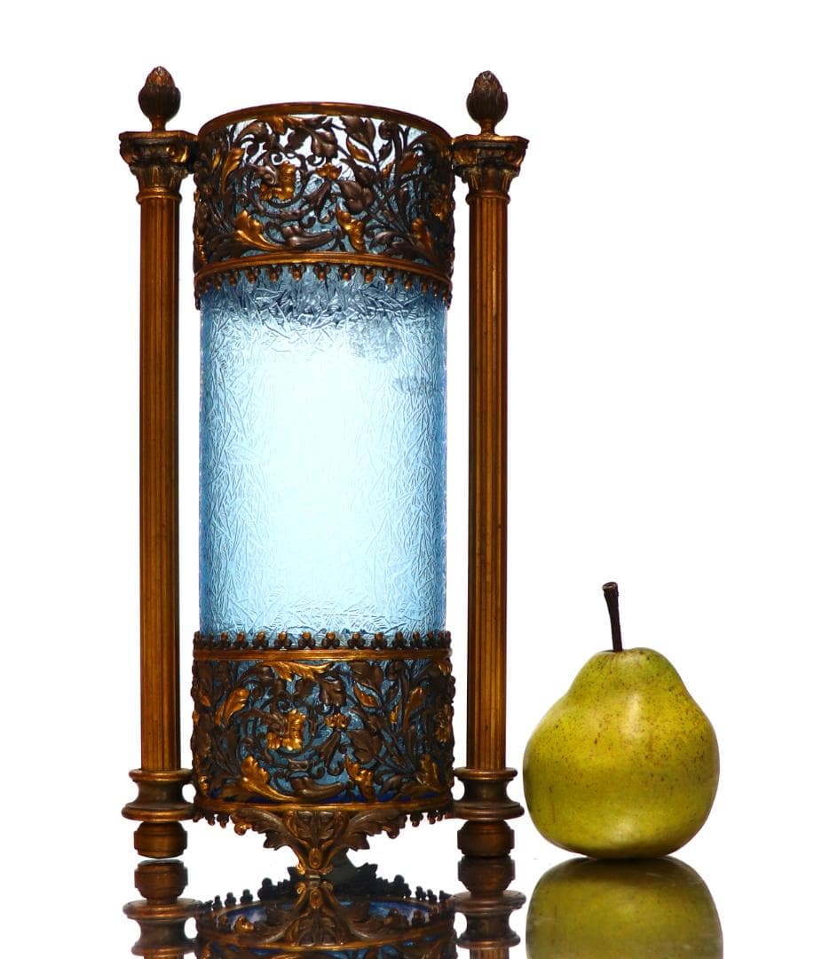 オールド・バカラ 美術館級 30.5cm 大型ブロンズ装飾建築様式 花瓶 青硝子