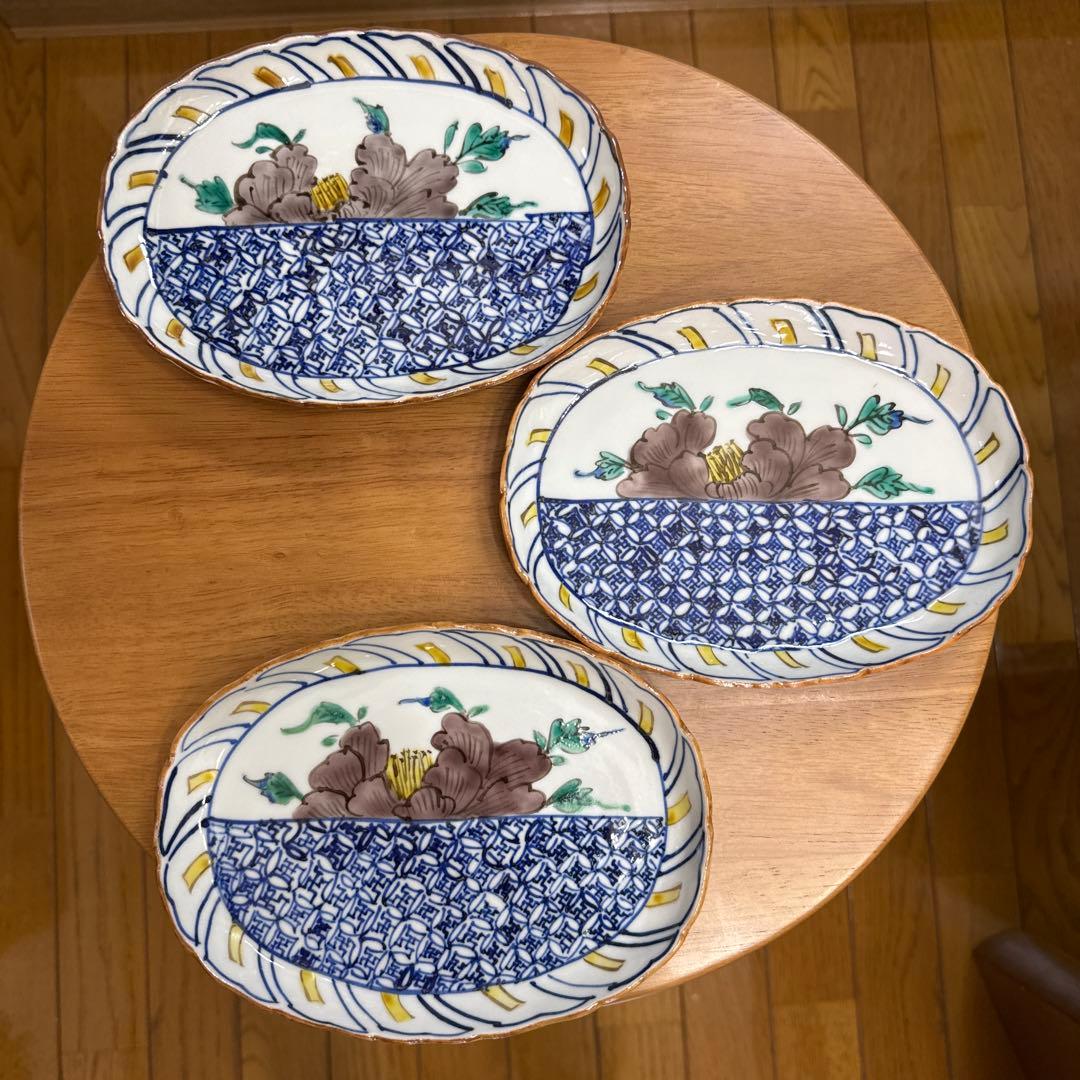 ⭐️九谷焼⭐️正木春蔵❤️牡丹 　輪花オーバル皿3枚セット