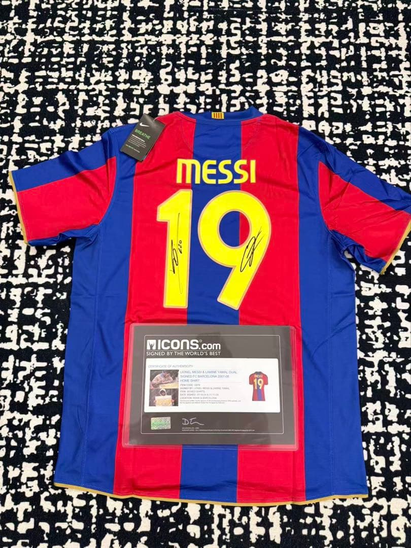 メッシ ヤマル 直筆ダブルサイン入り FCバルセロナ ホームユニフォーム