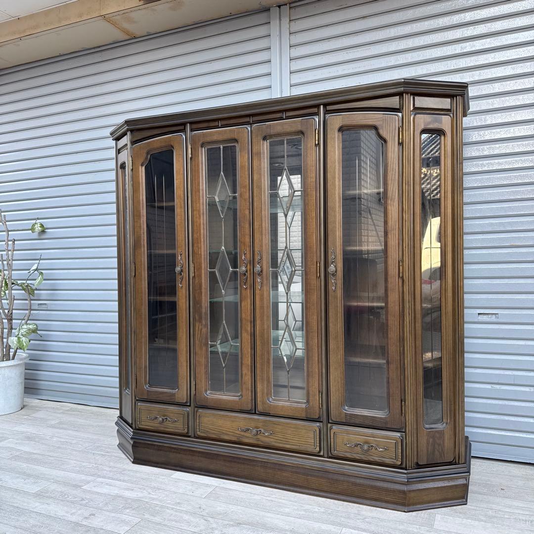 希少ヴィンテージ 旭川純木工芸　いさみや　ステンドグラス　飾り棚　キャビネット ジャパンヴィンテージ ダイヤガラス キャビネット 戸棚 収納 古道具