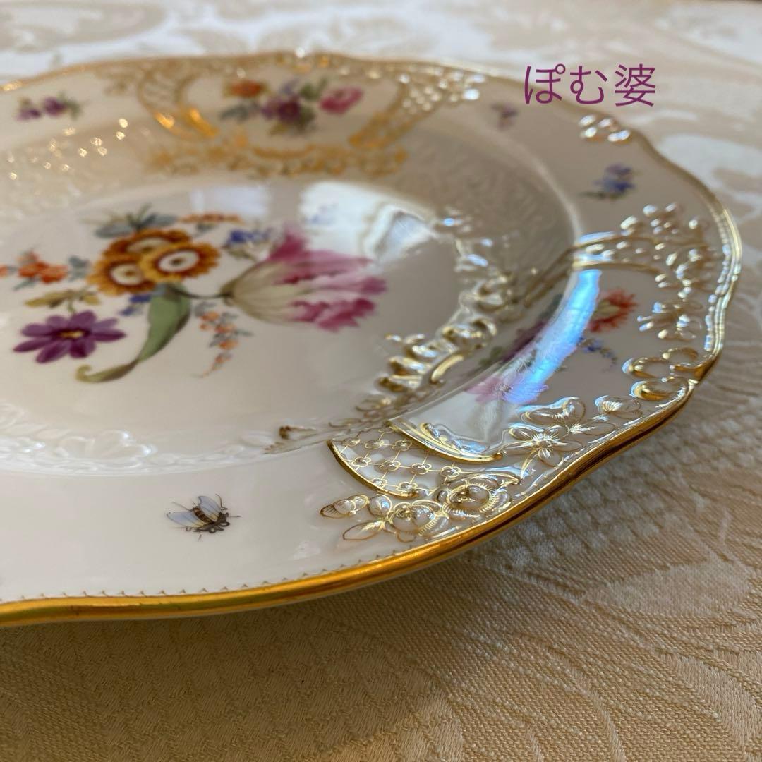 古マイセン】金彩 花絵皿「ノイマルセイユ／フラワーブーケと昆虫」2枚