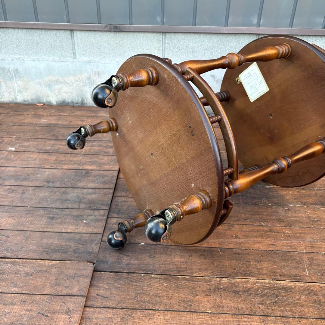 昭和レトロ 飛騨産業 キツツキマーク 木製ワゴン 2段 円形 サービング