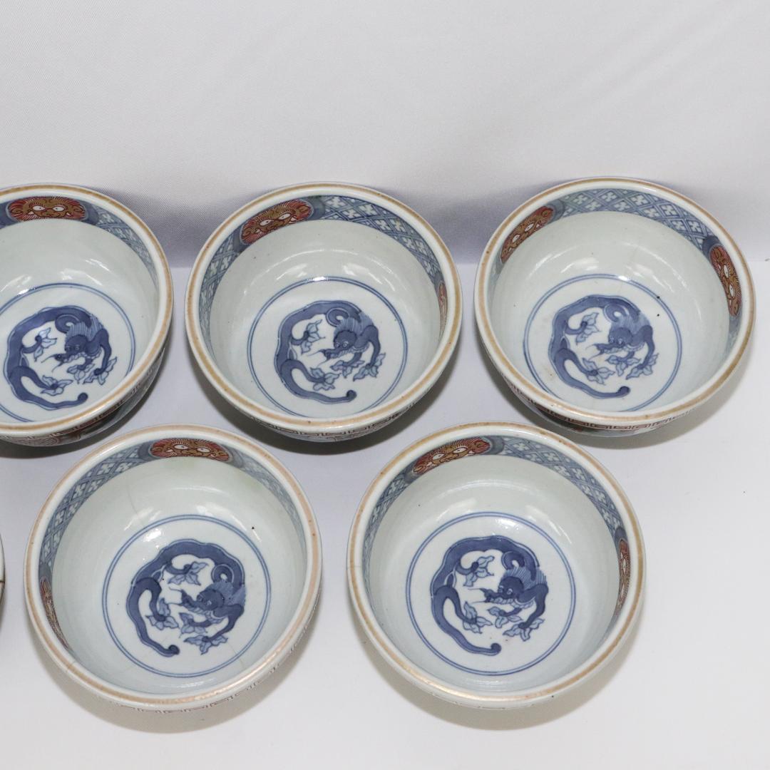 冨貴長春 蓋付茶碗 錦絵 染付 金彩 古伊万里 7客 吉祥 1客に金継ぎ有り