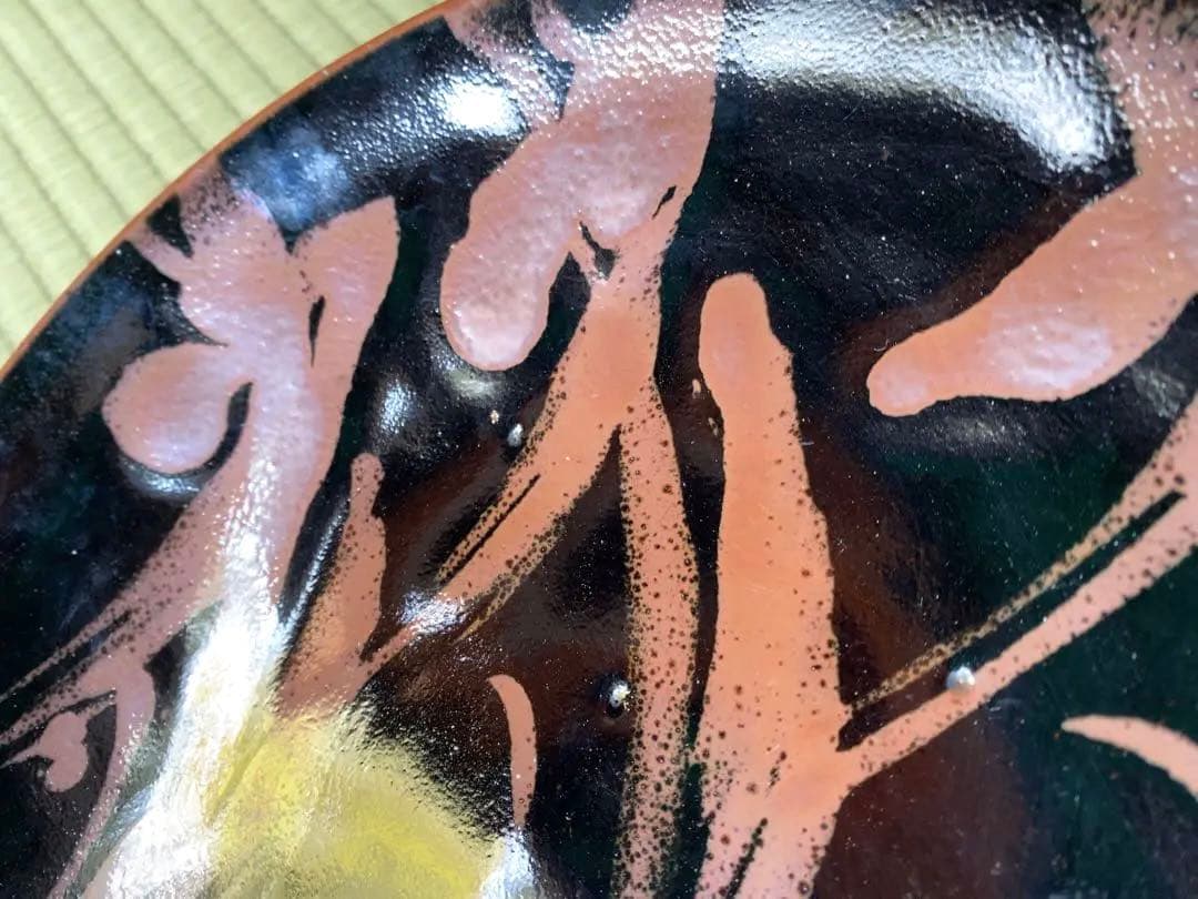 極上大皿！人間国宝濱田庄司作モダンな《黒釉錆流描大皿 》（検民芸スリップウェア