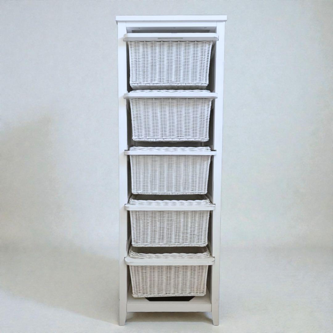 藤　ホワイトチェスト　タンス　5段引き出し　収納　ラタン　フレンチカントリー 藤 ホワイトチェスト タンス 5段引き出し 収納 ラタン フレンチカントリー