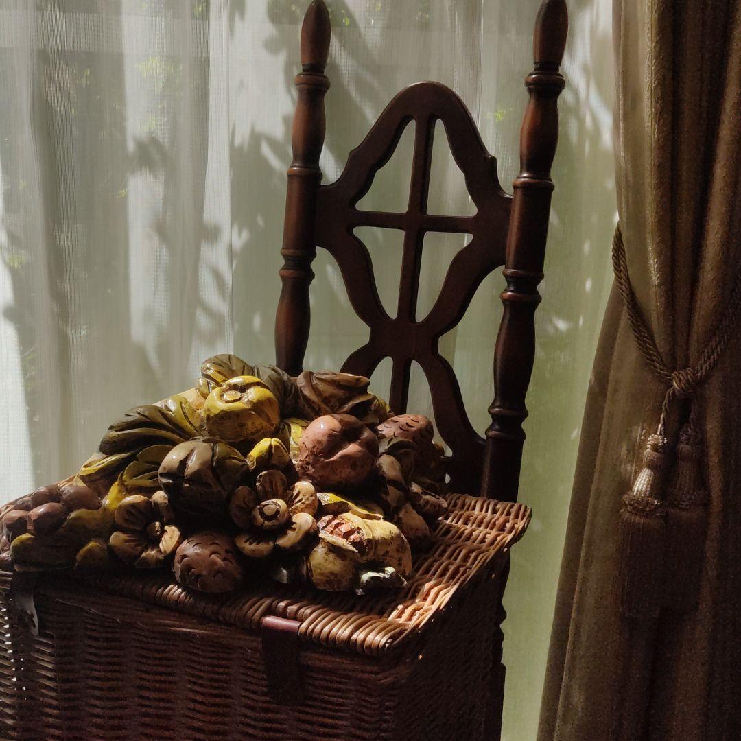 木製看板 木製 花籠 バスケット 籠 バーボラミラー 彫刻 壁掛け 果物 レア