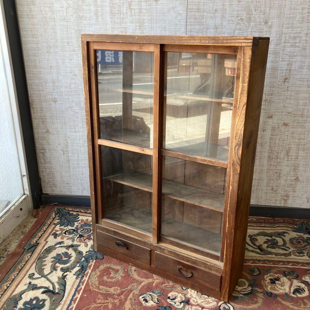 昭和レトロ 古家具 ガラス戸 木製キャビネット 食器棚 飾り棚 サイド