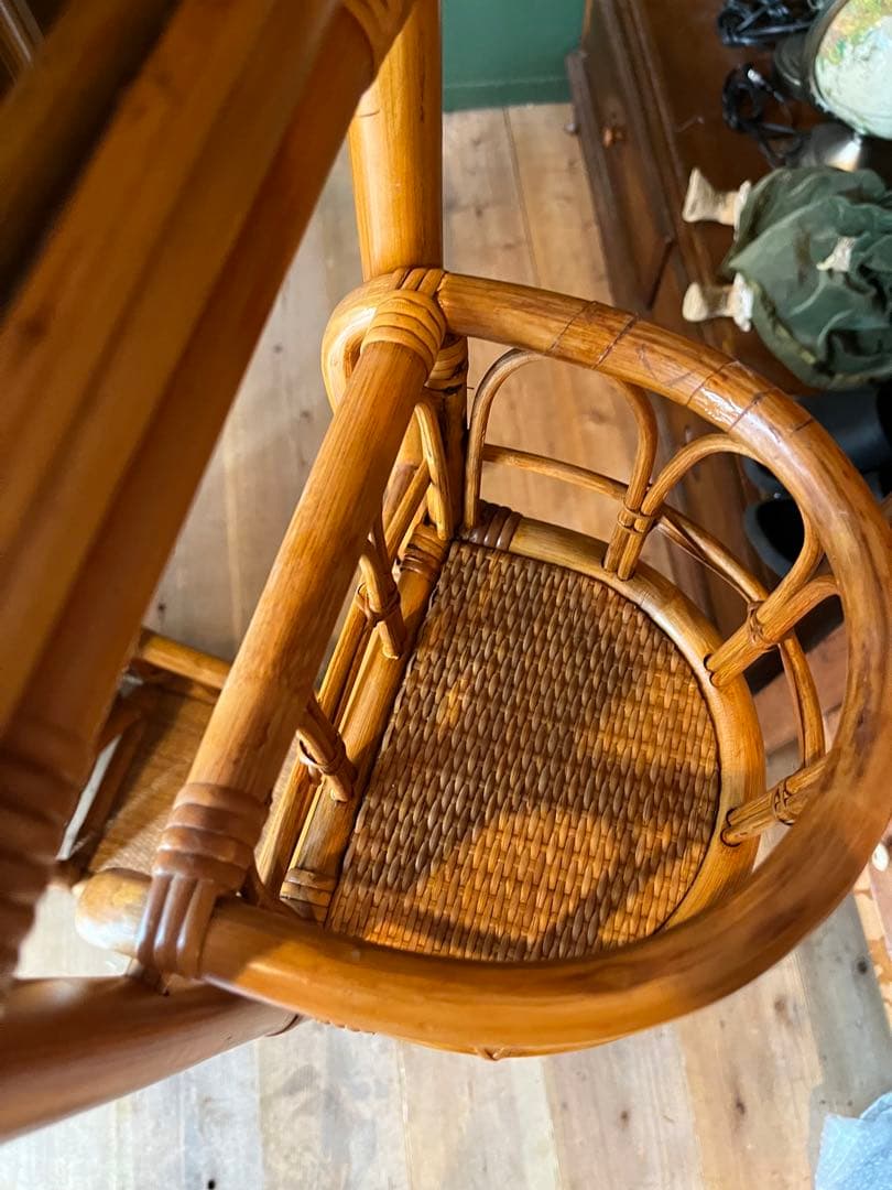 ミラー付 籐 ラタン ハンガーラック インテリア 昭和レトロ 引き出し