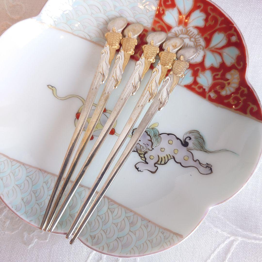 鶴亀　菓子楊枝　銀製　純銀　5本組　27.6g