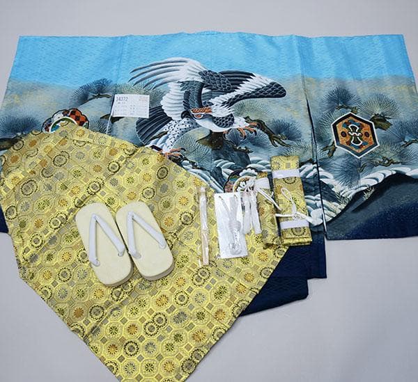 七五三 五歳 男児 羽織袴フルセット 水色 鷹 袴変更可能 NO34372 七五三 着物 男の子 5歳 羽織袴セット「水色 鷹に波、笹」フルセット 5