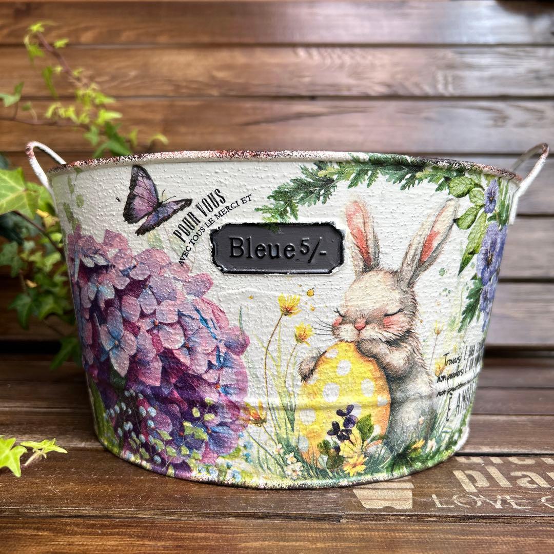 おみつさまご購入取手付き丸型プランター たまごを抱いたうさぎさん紫陽花とビオラ Flower Miffy 刺繍ブリキ缶 ミモザ | グッズ商品,フラワーグッズ