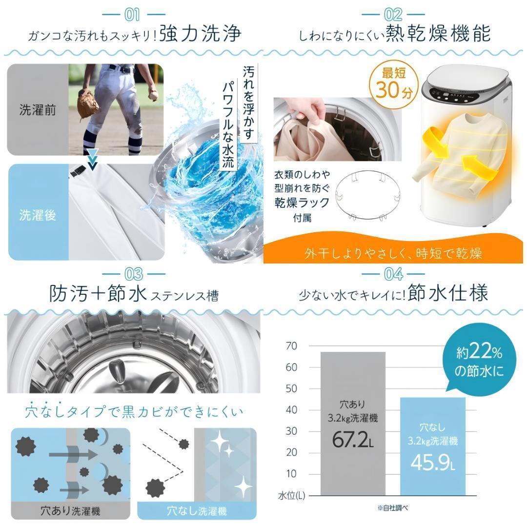 洗濯乾燥機 縦型 3.2kg 全自動 穴無しステンレス槽 ヒーター乾燥 小型