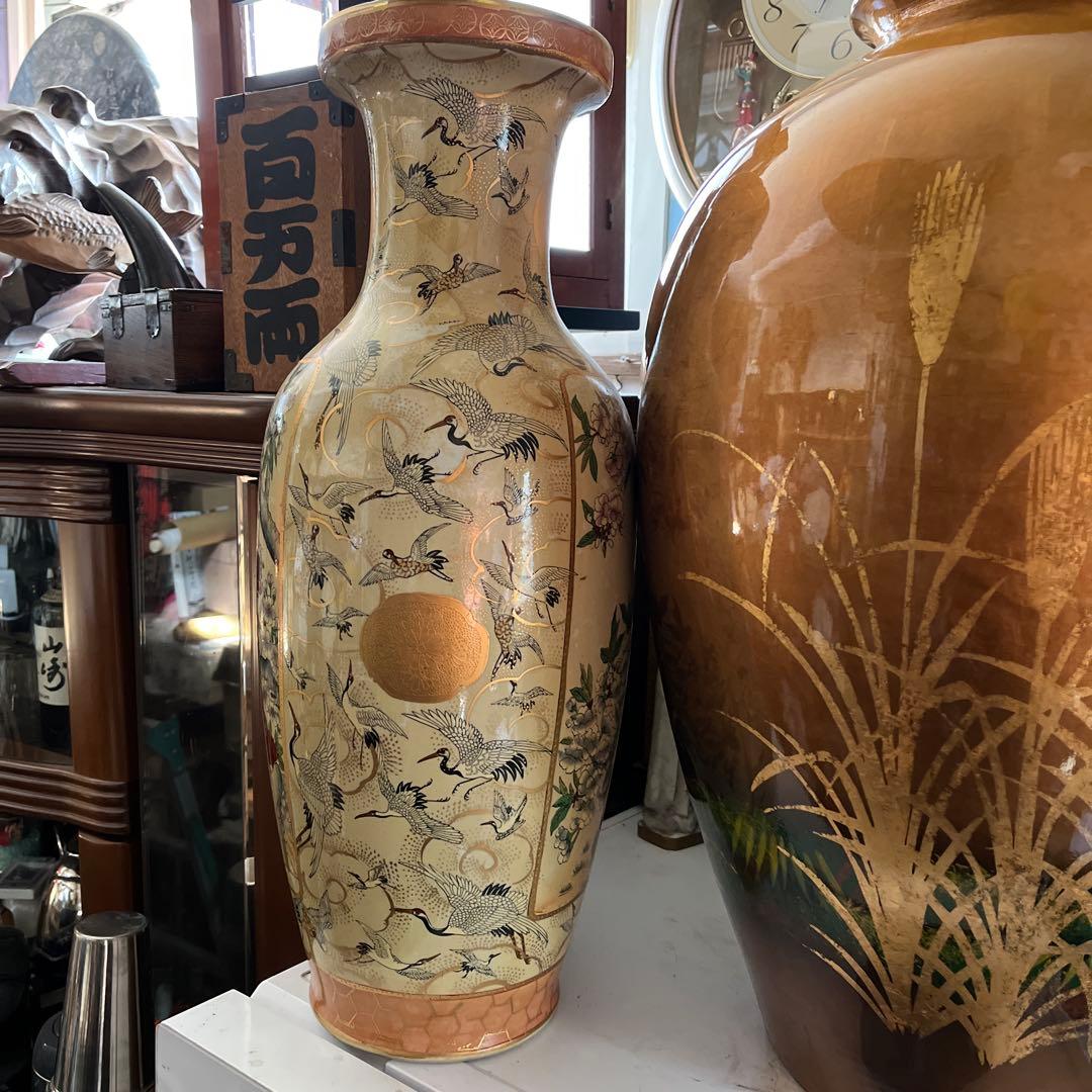 薩摩焼 薩摩焼 、金襴手 郡鶴花鳥図花瓶 約60飾壷 花器 細密絵付