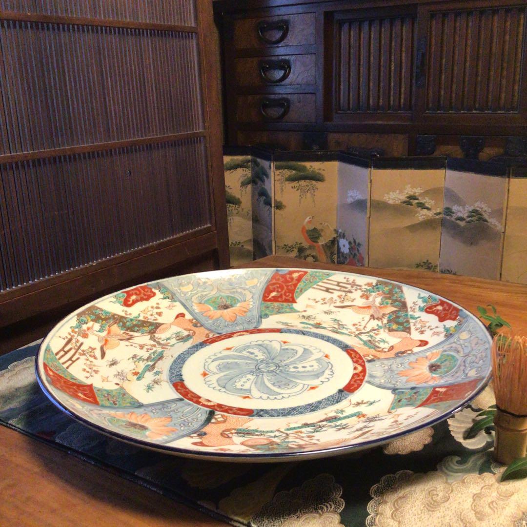 A866 古伊万里 染錦手 見込花 雲鶴紋様 （1尺5寸）大皿 - メルカリ