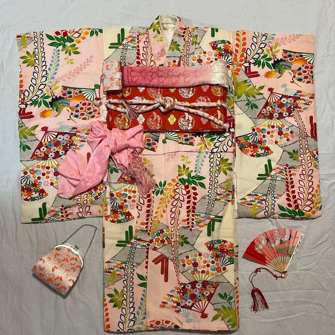 七五三　7歳　アンティーク　白　ピンク　大正ロマン　正絹 正絹着物レンタル、7歳女の子七五三｜上質な絹のお着物、七草祝いなど