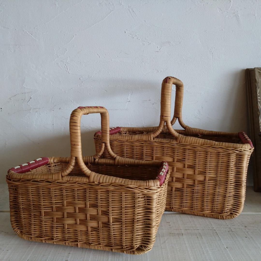 ラタン製バスケット　大　小　2個セット アタとラタンで編まれたフタ付き大型バスケット 48L | インテリア雑貨