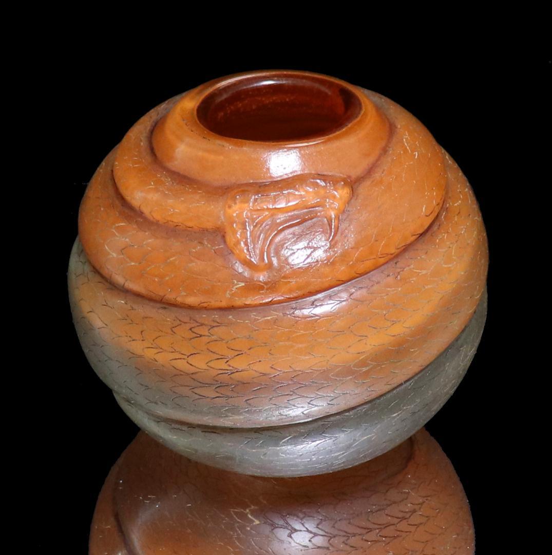 美術館級!!ドーム・ナンシー とぐろを巻いた蛇球体型壺 橙色花瓶