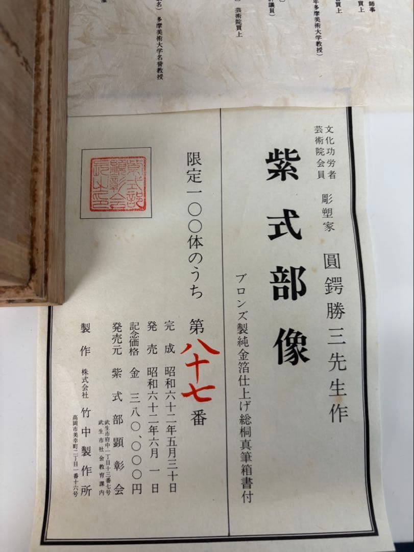 圓鍔勝三作 純金箔仕上 ブロンズ像 紫式部像 木箱付き 限定100体昭和62