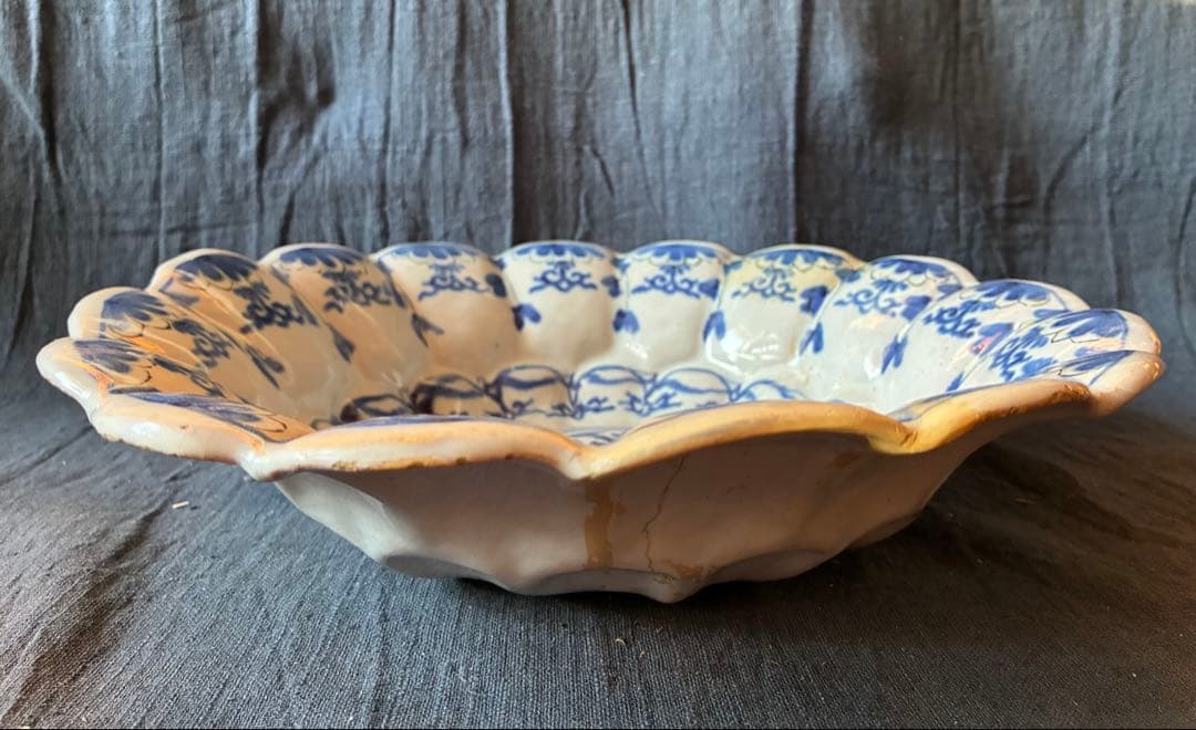 染付け花鳥文輪花大鉢 デルフト陶器 17世紀 オランダ 江戸時代初期