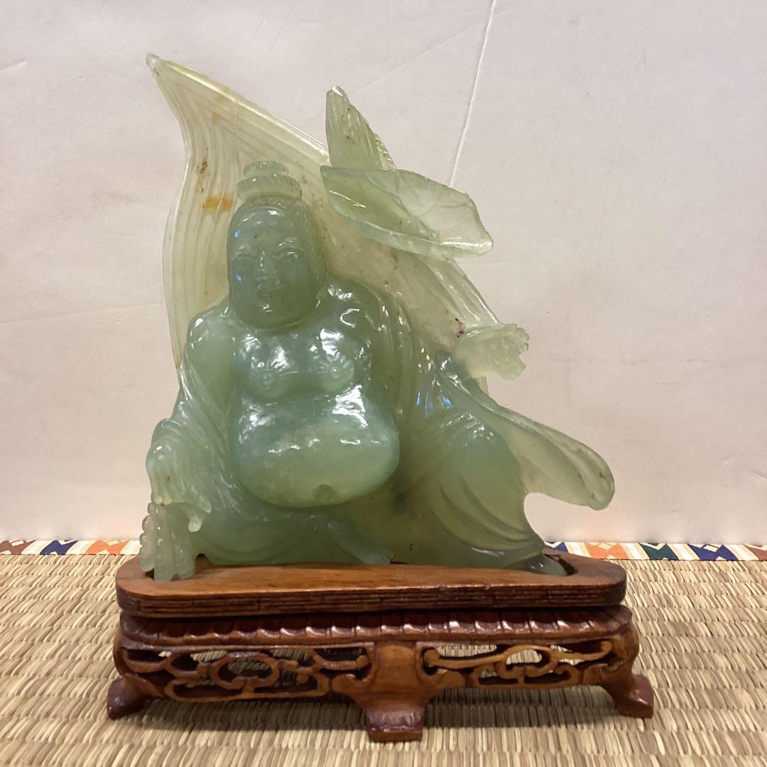 翡翠 置物 緑色 木製台座 約15cm 翡翠 龍亀(ロングイ) 彫刻 (木製台座付き)