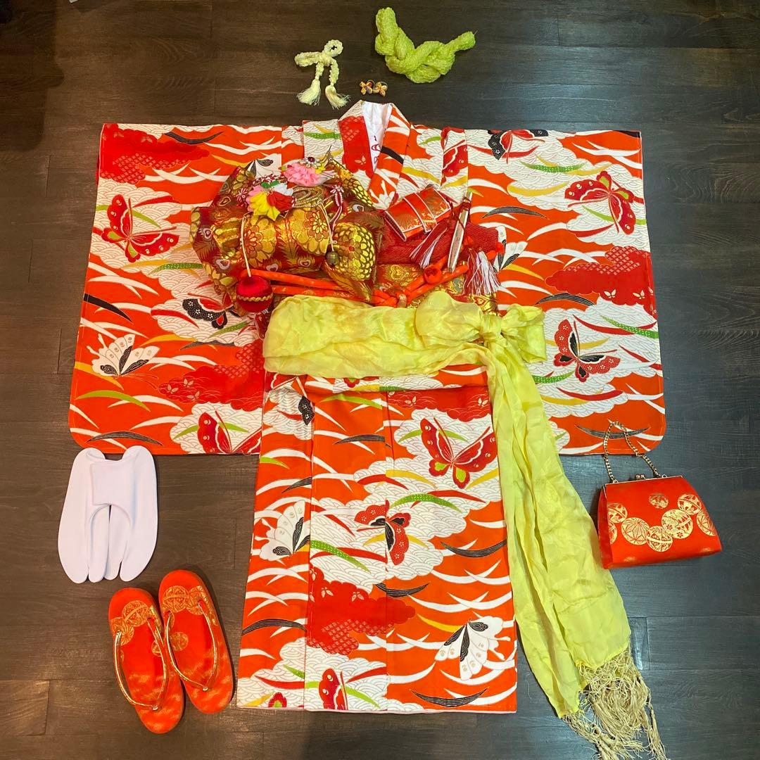 アンティーク 大正ロマン 七五三 七歳 着物 作り帯 小物一式 フルセット 蝶々 七五三 帯 7歳 ブランド 作り帯 Shikibu Roman 式部浪漫「赤 短冊