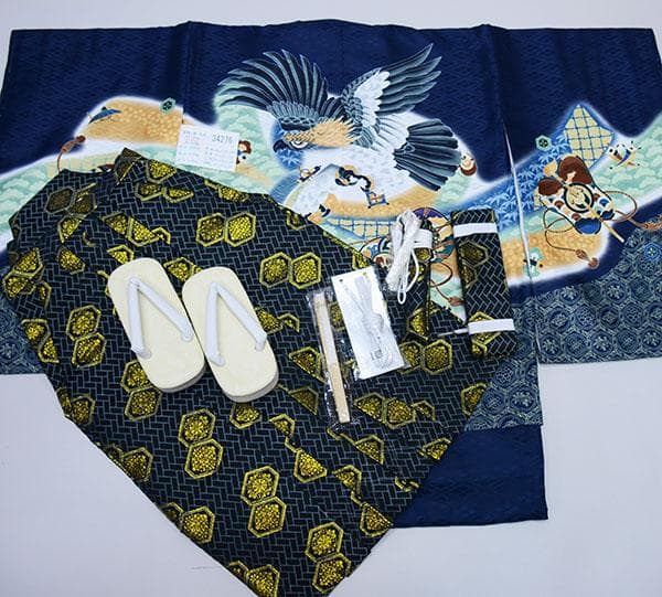 七五三 五歳 男児 羽織袴フルセット 紺地 袴変更可能 NO34276-にんにん