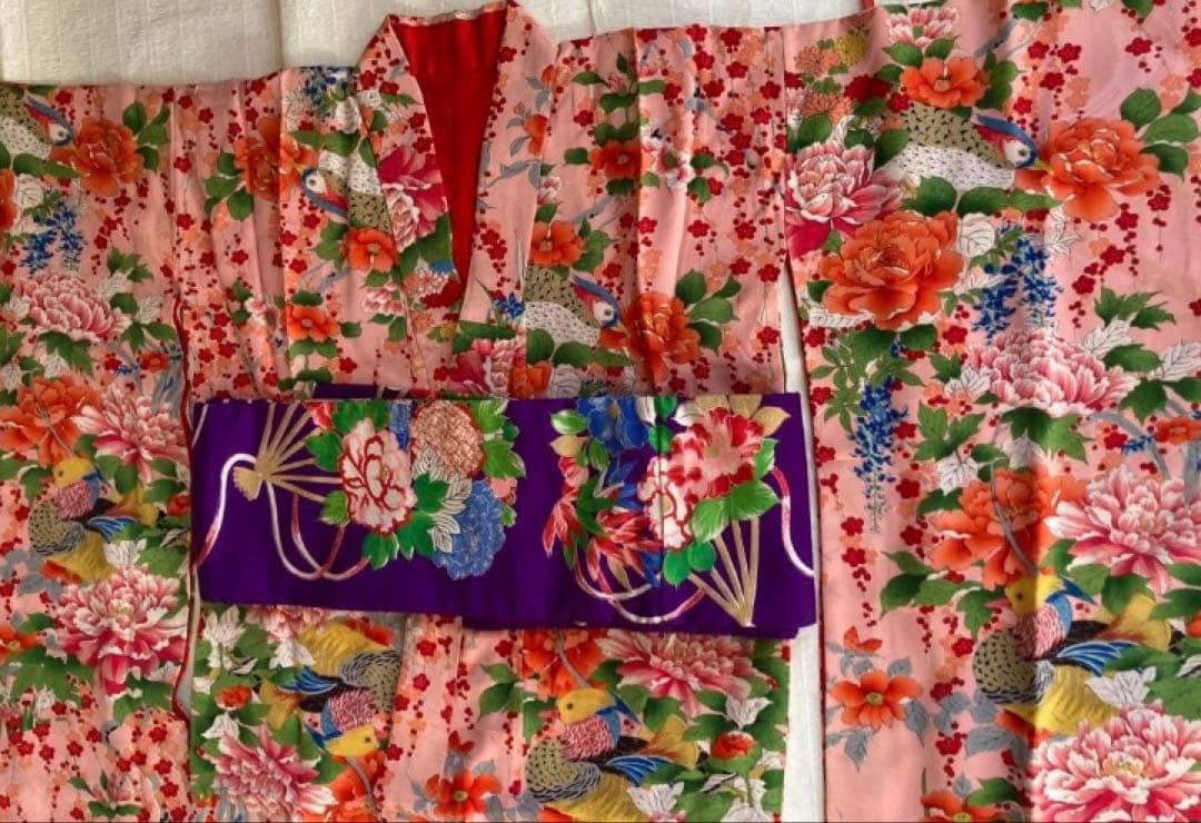 専用出品　希少鳥柄　アンティーク着物帯　7歳七五三　大正ロマン　錦紗　紅絹振袖 7歳 赤鶴 | つくば市のレトロ七五三撮影ハイカラ アンティーク着物と