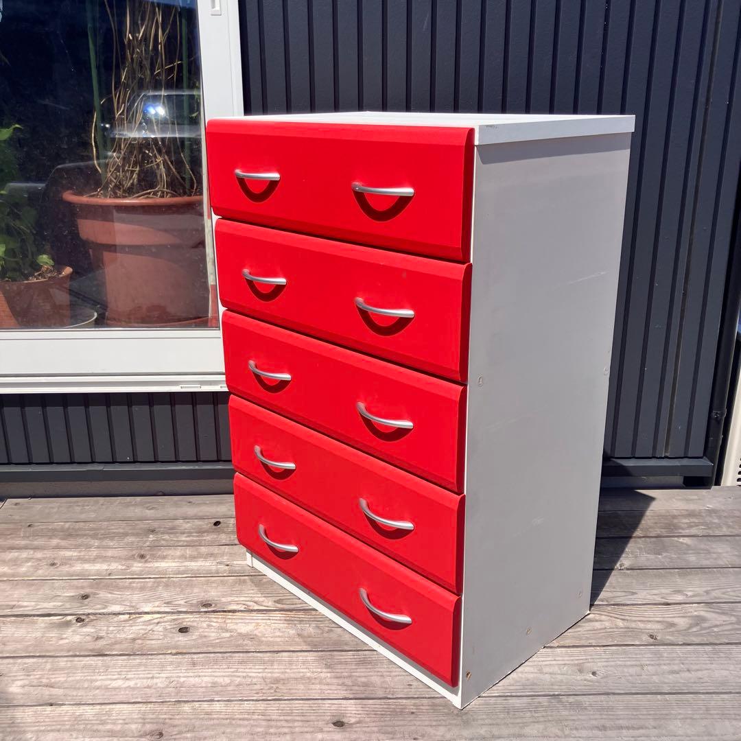 レトロポップ 木製チェスト 5段タンス レッド ホワイト アメリカン