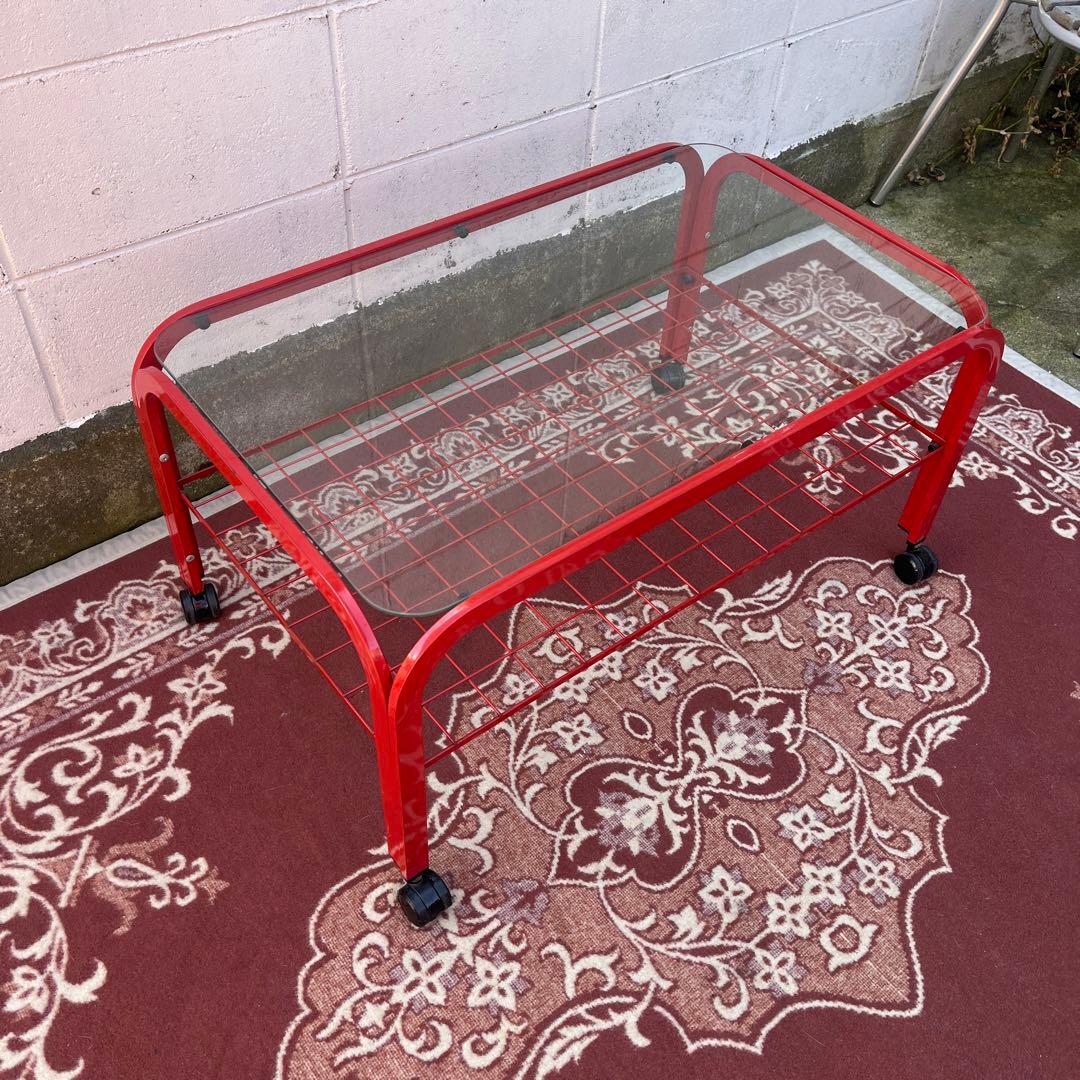 当時物ビンテージ品◾️赤レッド スチールフレーム×ガラス天板 ガラス