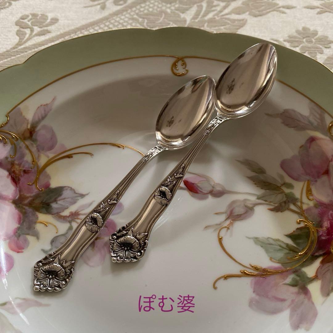 【米国／Alvin】純銀 スターリングシルバー／ティースプーン ２本「朝顔」 英国アンティーク ティースプーン4本 ジョージアン・シルバー 純銀48.2