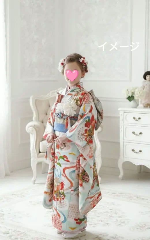 アンティーク白、ブルーの着物と作り帯セット 洗える着物 セット「袷着物：矢羽根に菊瑠璃色＋京袋帯：狆
